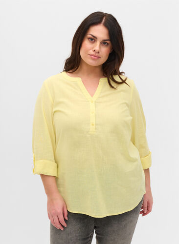 Skjortebluse i bomuld med v-udskæring, Yellow, Model image number 0