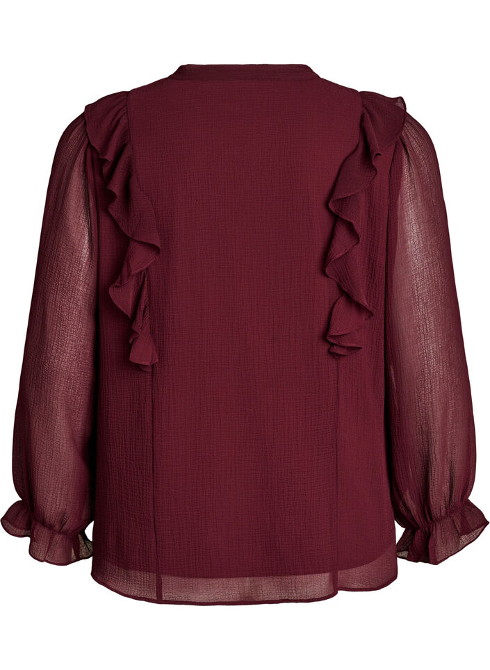 Transparent bluse med fl&aelig;ser og bindeb&aring;nd, R&oslash;d, Packshot image number 1