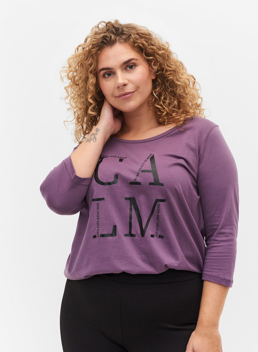 Bomulds t-shirt med 3/4 ærmer, Vintage Violet, Model image number 0