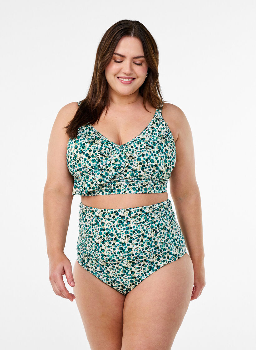 Blomstret bikini bh med fl&aelig;sedetaljer, Gr&oslash;n, Model image number 1