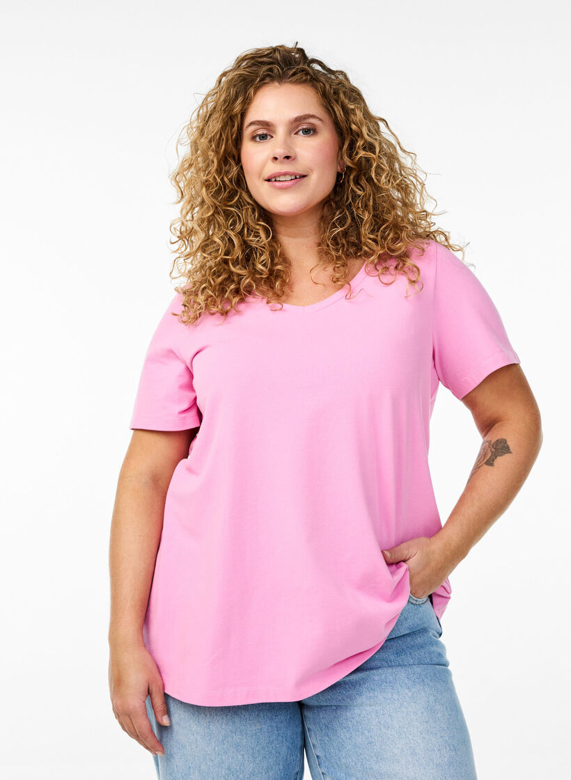 Ensfarvet basis t-shirt i bomuld, Lyser&oslash;d, Model image number 0