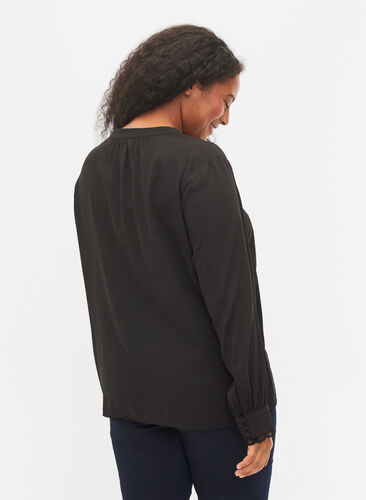 Langærmet bluse med v-udskæring, Black, Model image number 1
