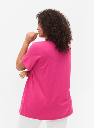 Bomulds t-shirt med v-hals og tryk, Fuchsia Purple Love, Model image number 1