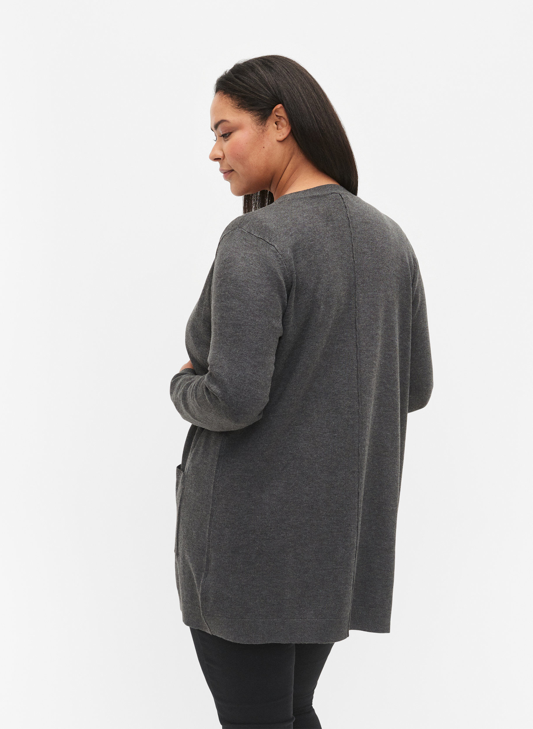 Zizzi Lang strikcardigan i viskosemix., Gr&aring;, Model image number 2