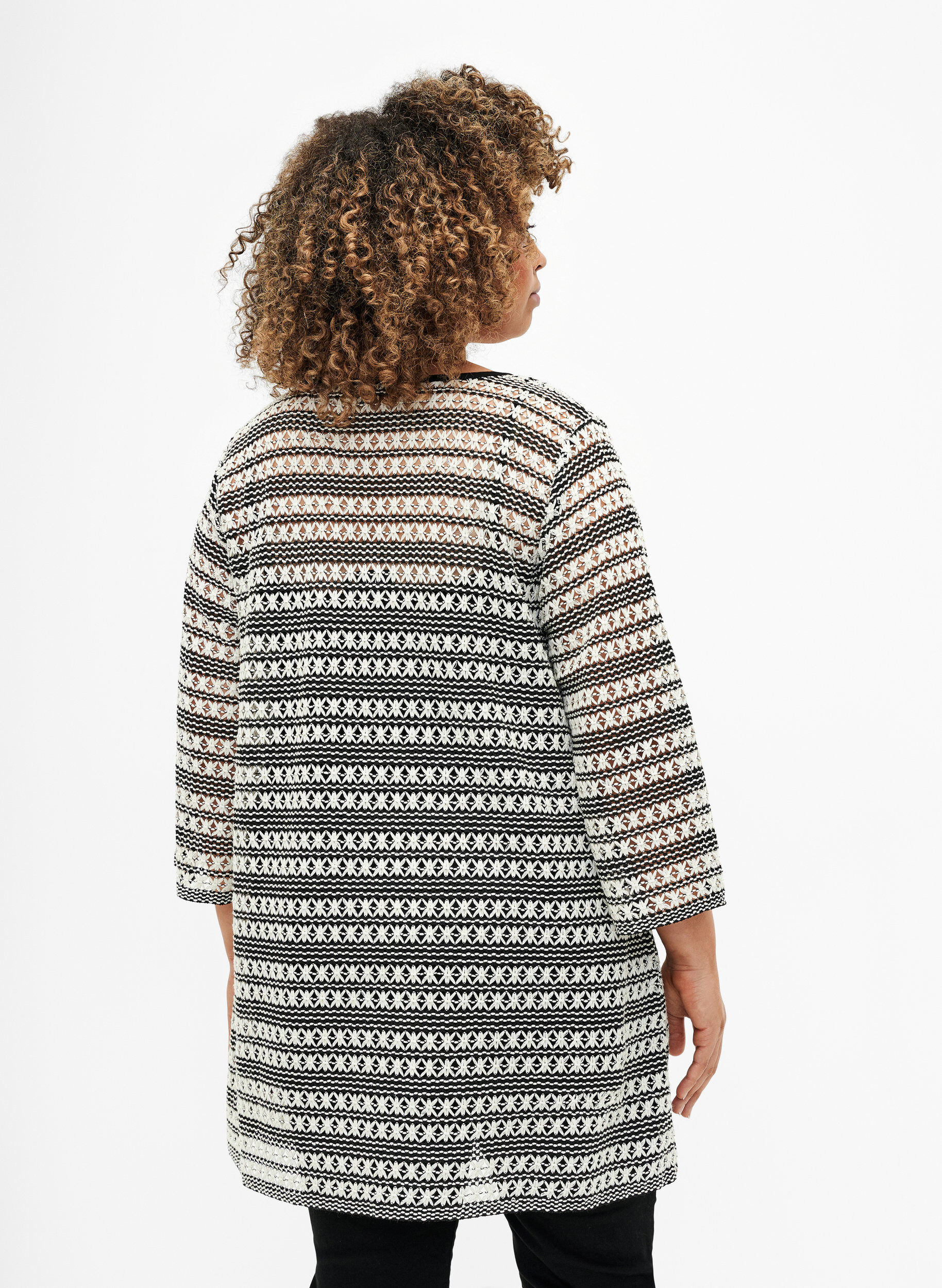 Zizzi H&aelig;klet cardigan med bindeb&aring;nd, Black White, Model image number 1