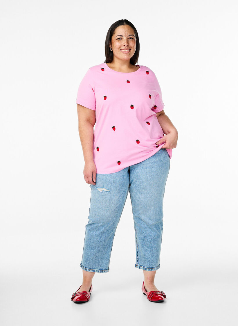 T-shirt i &oslash;kologisk bomuld med broderede motiver, Lyser&oslash;d, Model image number 1