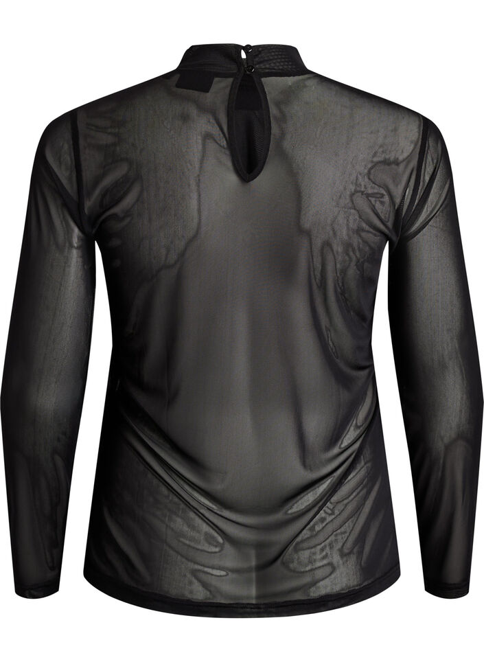 T&aelig;tsiddende meshbluse med lange &aelig;rmer, Sort, Packshot image number 1