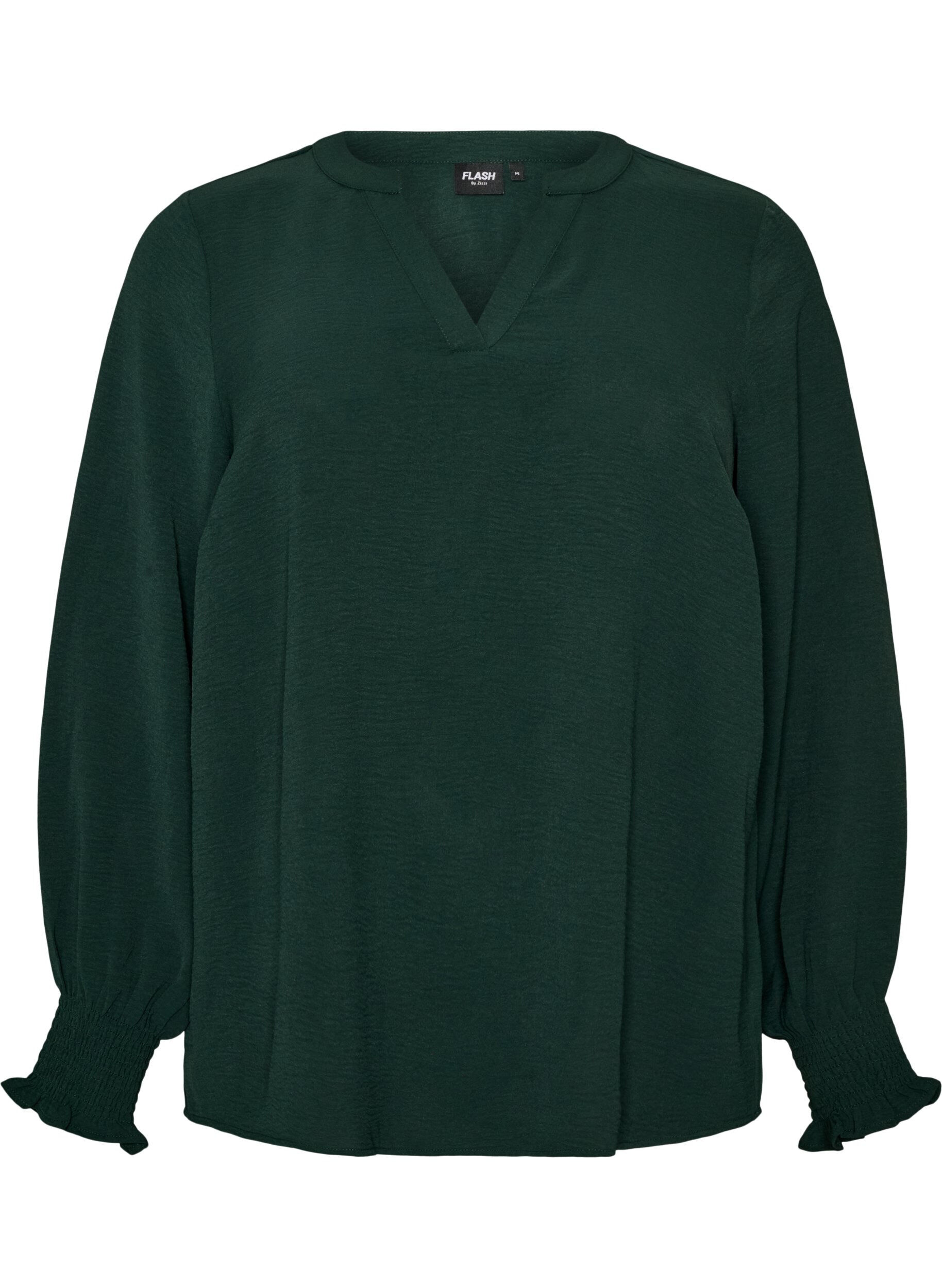 FLASH - Bluse med smock manchetter og V-udsk&aelig;ring