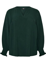 Bluse med smock manchetter og V-udsk&aelig;ring, Gr&oslash;n