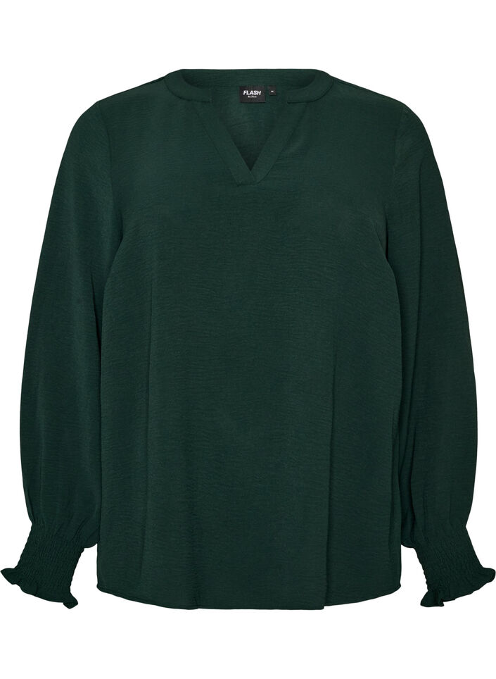 Bluse med smock manchetter og V-udsk&aelig;ring, Gr&oslash;n, Packshot image number 0