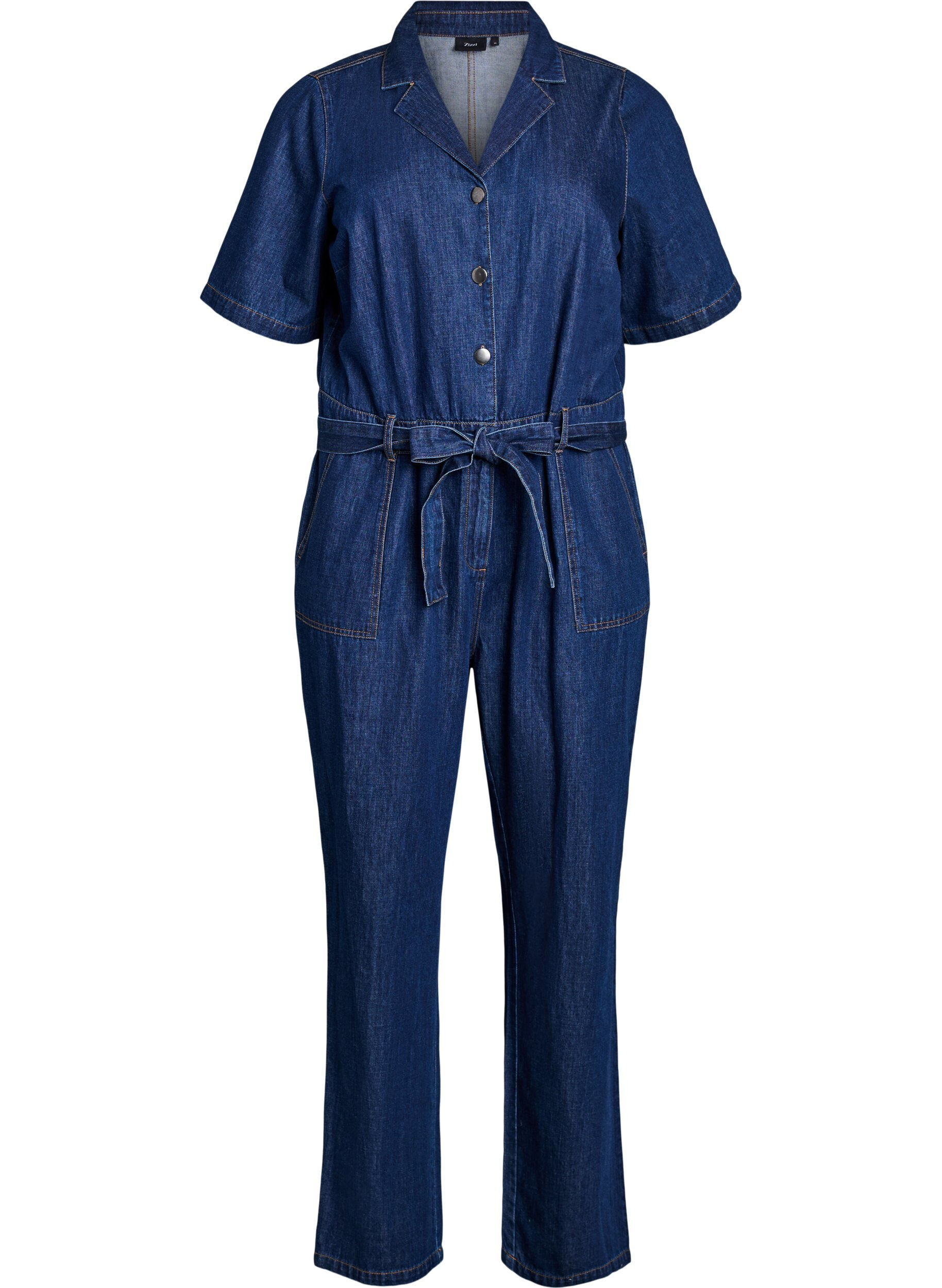 Zizzi Denim jumpsuit med korte &aelig;rmer og bindeb&aelig;lte, Bl&aring;, Packshot image number 0