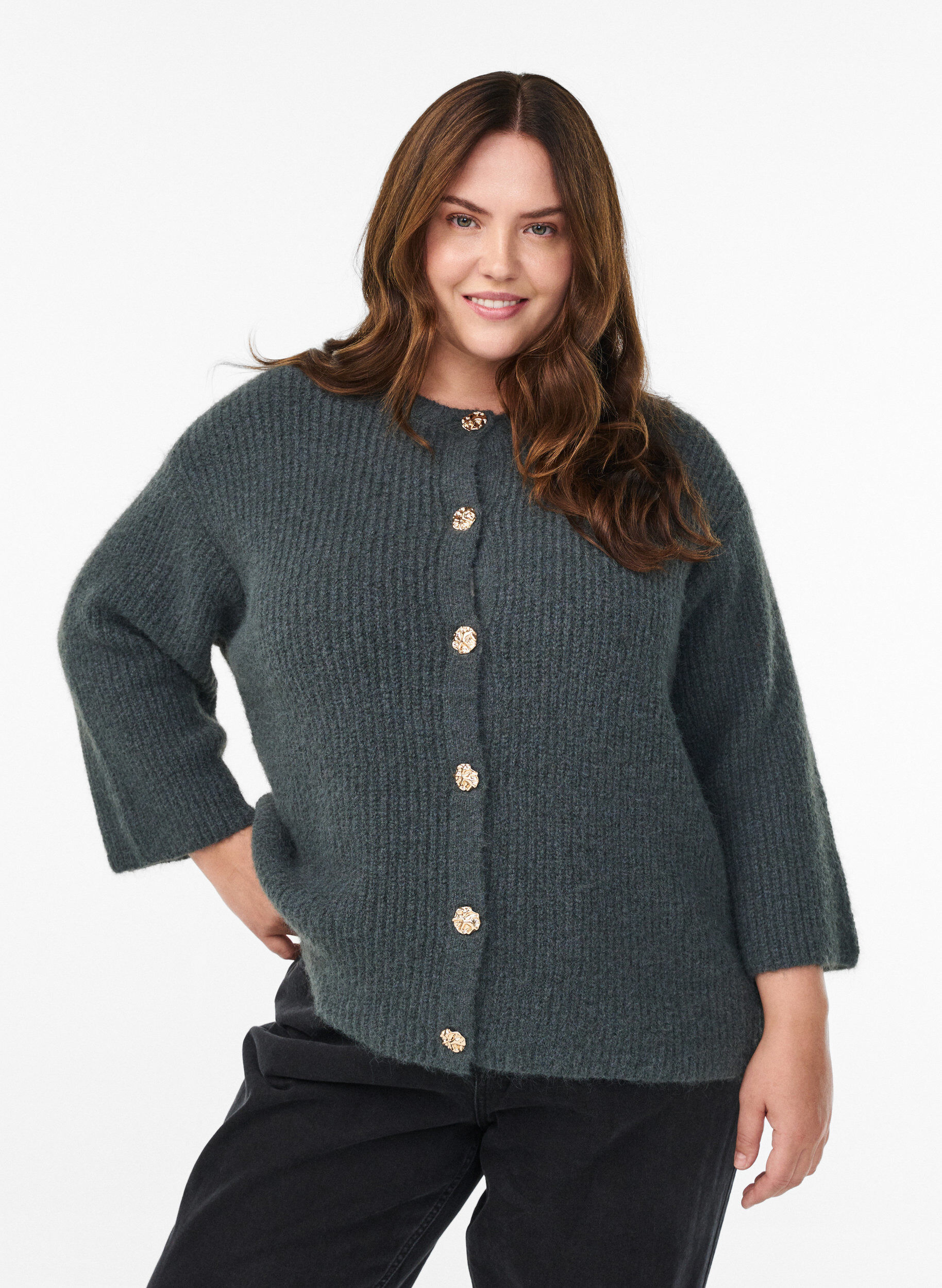 Kort cardigan med 3/4-&aelig;rmer og gyldne strukturknapper, Gr&oslash;n, Model