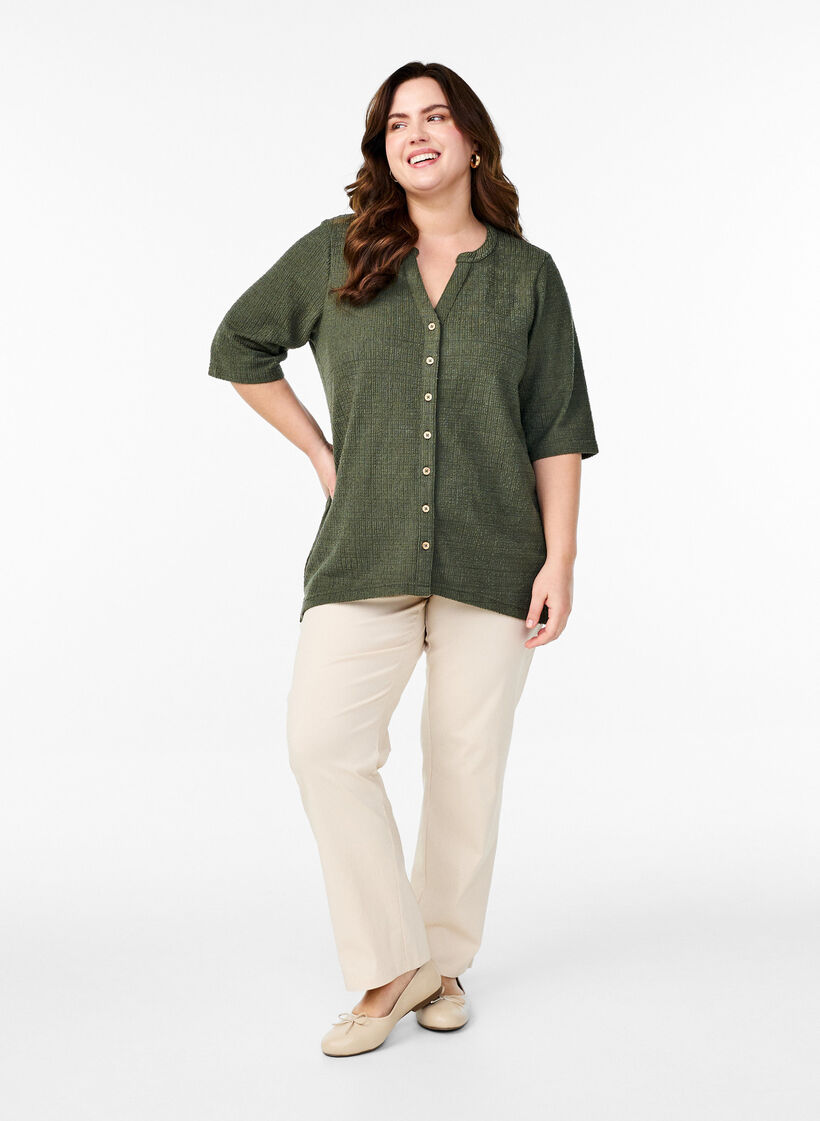 Skjortebluse med struktur og V-udskæring, Thyme, Model image number 2