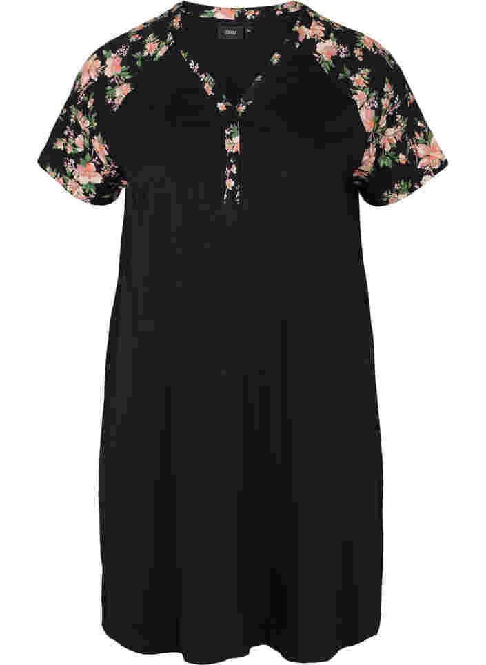 Kortærmet bomulds natkjole med printdetaljer, Black Flower, Packshot image number 0