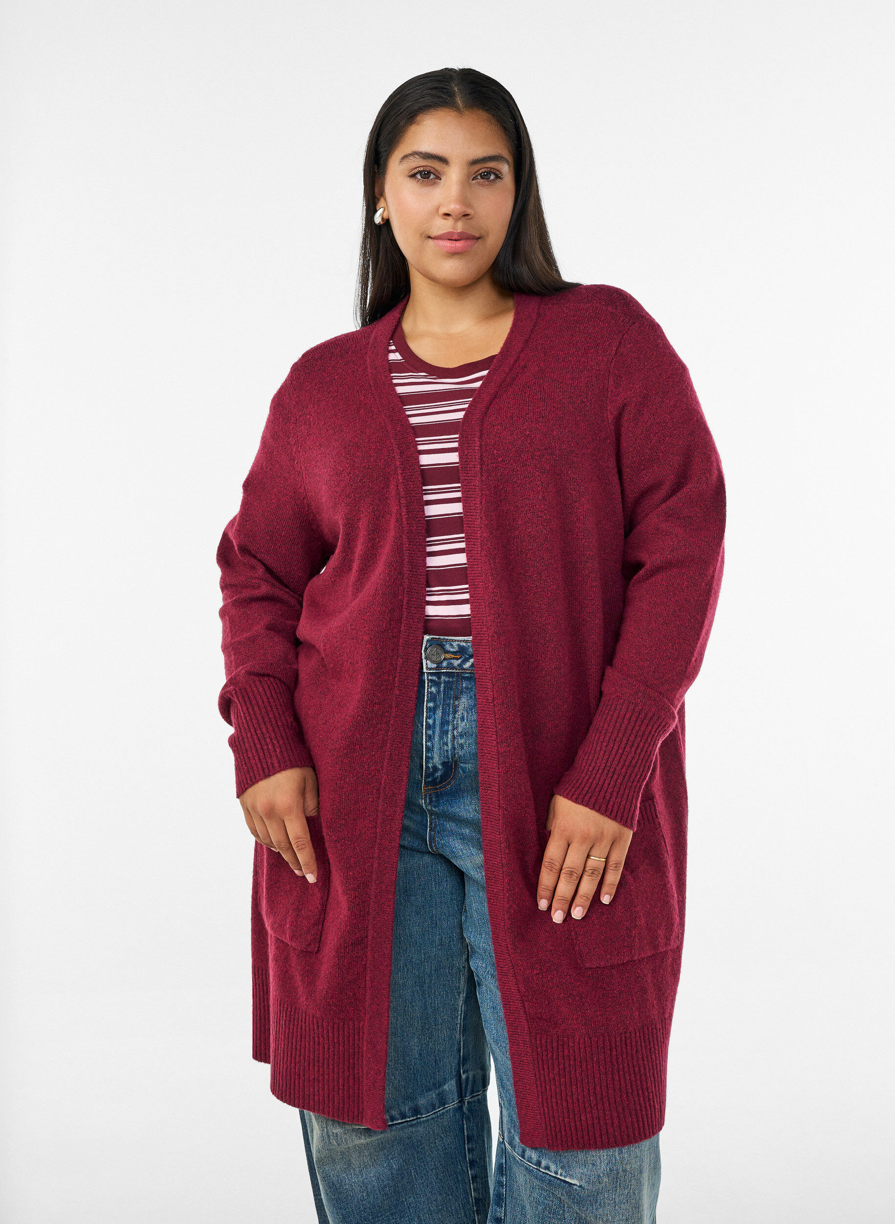 Meleret strik cardigan med lommer, R&oslash;d, Model