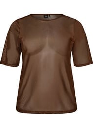 Meshbluse med korte &aelig;rmer og rund hals, Brun