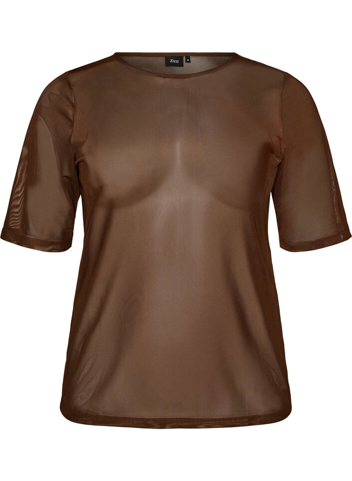 Meshbluse med korte &aelig;rmer og rund hals, Brun, Packshot image number 0