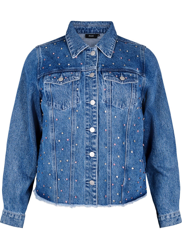 Denimjakke med rhinsten og rå kant forneden, Blå, Packshot image number 0