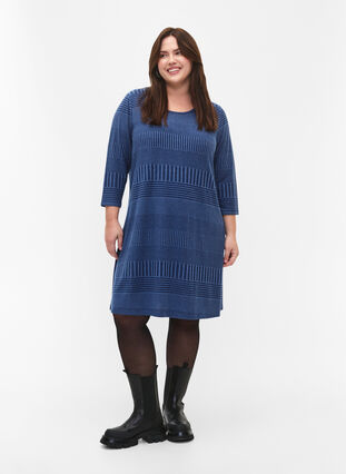 Kjole med 3/4 ærmer og stribet mønster, Estate Blue Melange, Model image number 3