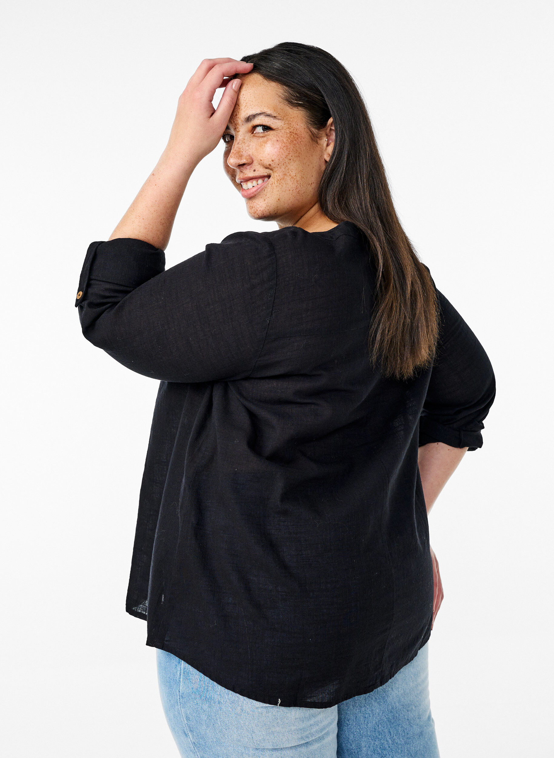 ZizziSkjortebluse i bomuld med v-udsk&aelig;ring, Sort, Model image number 2