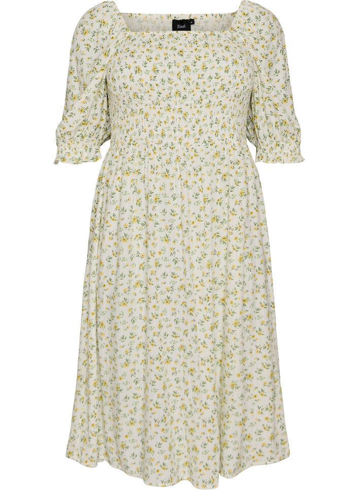 Blomstret sommerkjole i viskose, Hvid, Packshot image number 0