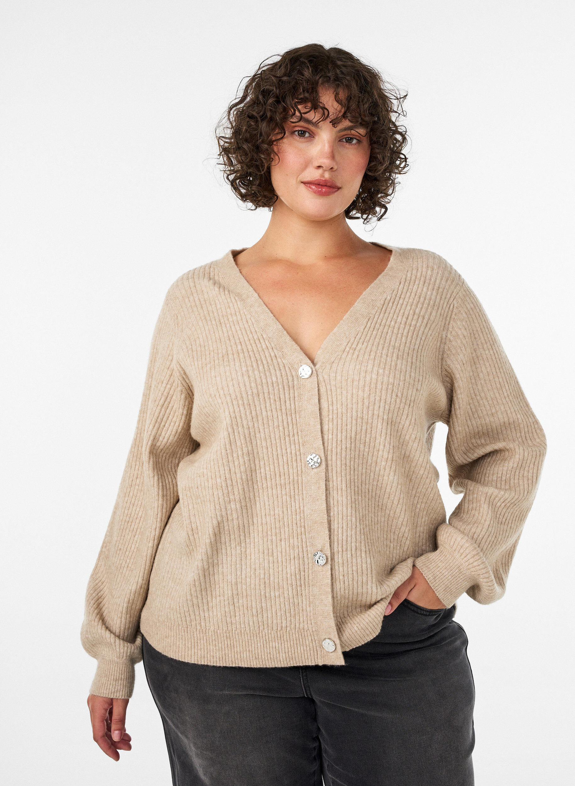 ZizziCardigan med V-hals og ribstruktur, Beige, Model image number 0