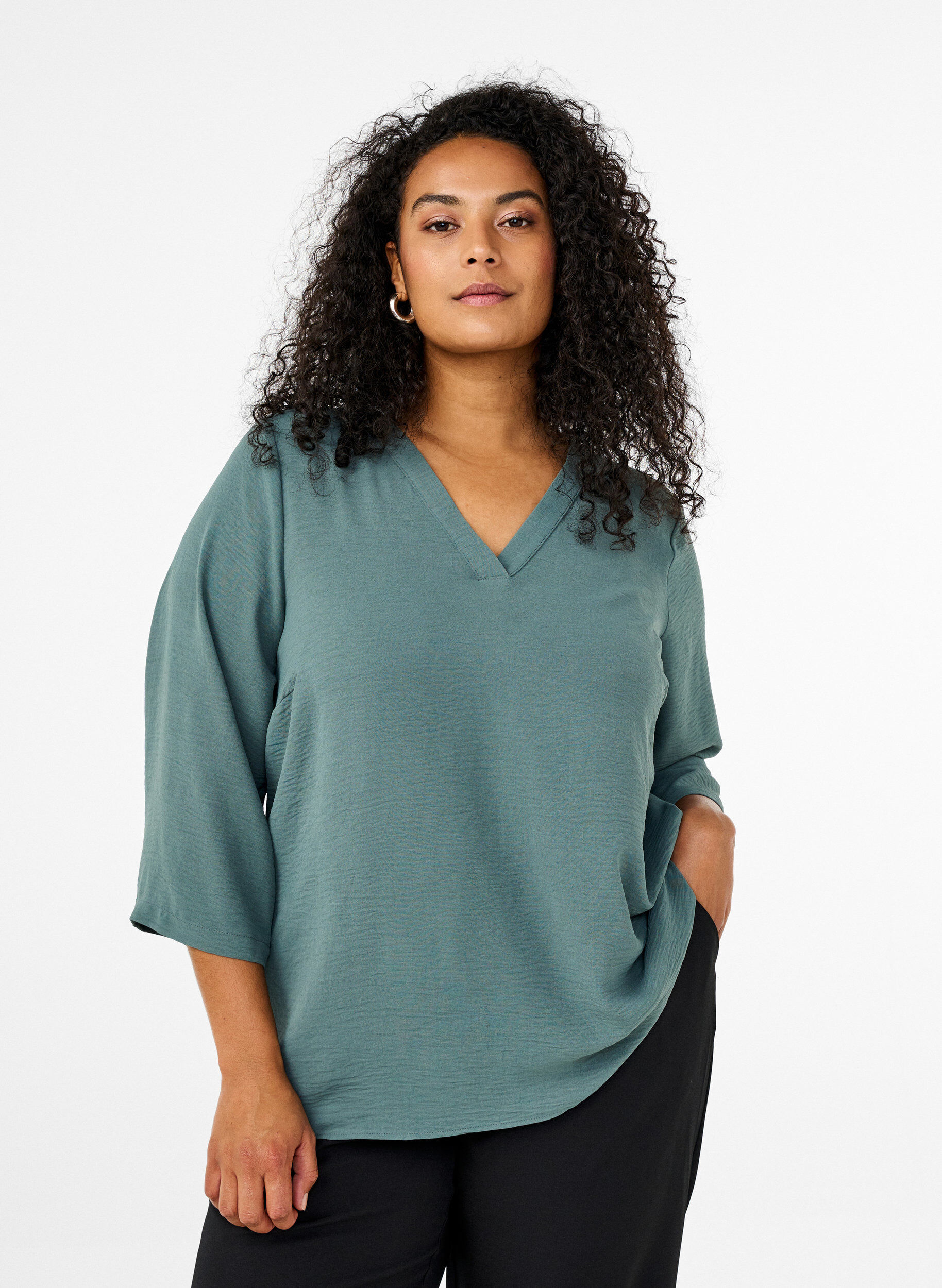 Zizzi Bluse med 3/4 &aelig;rmer, Gr&oslash;n, Model image number 0