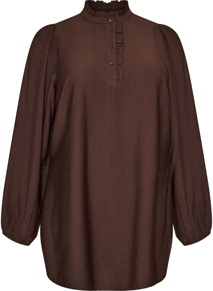 Viskosetunika med fl&aelig;ser og knapper, Brun, Packshot image number 0