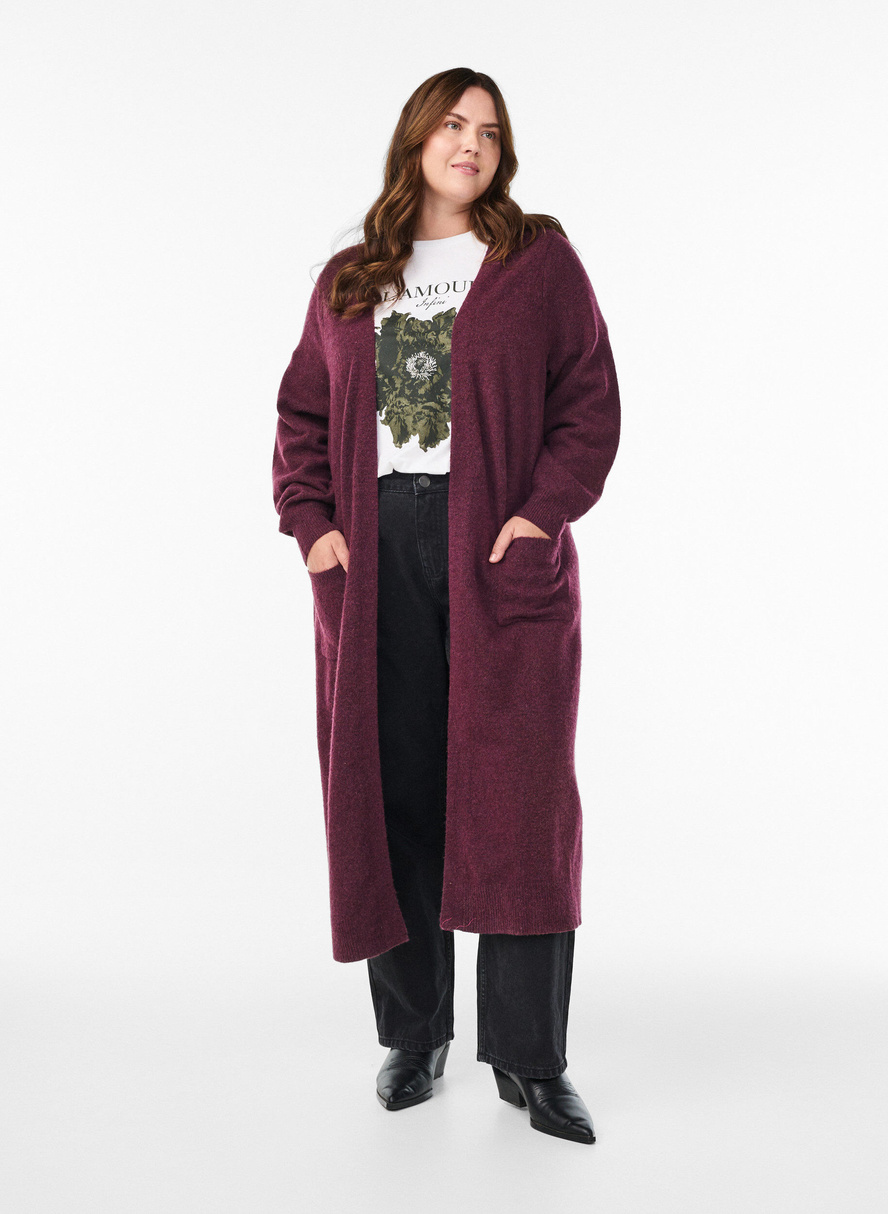 Lang strikcardigan med lommer, R&oslash;d, Model