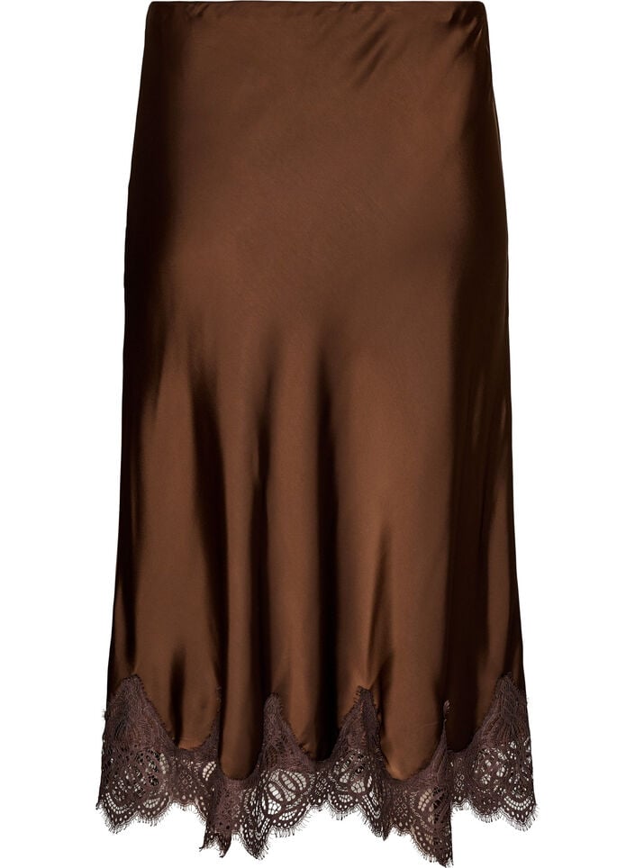 Midi satinnederdel med blondekant, Brun, Packshot image number 1