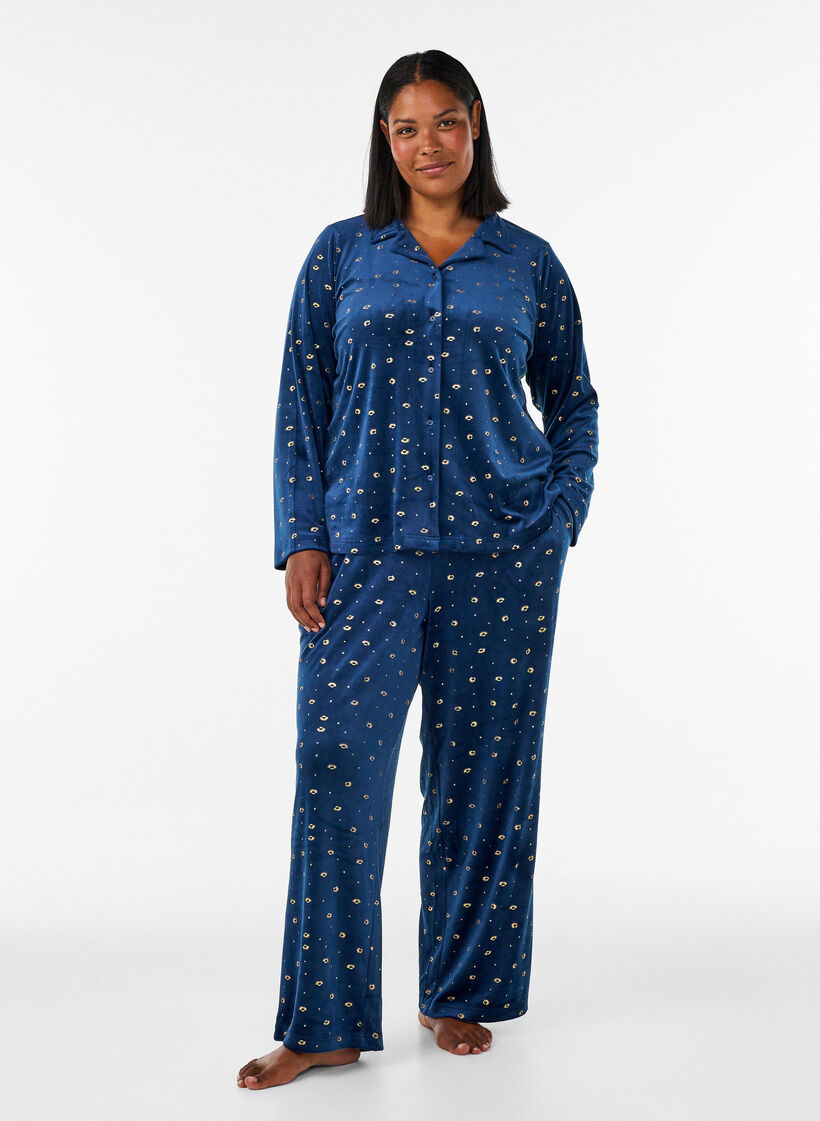 Pyjamasskjorte i velour med all-over print, Bl&aring;, Model image number 1