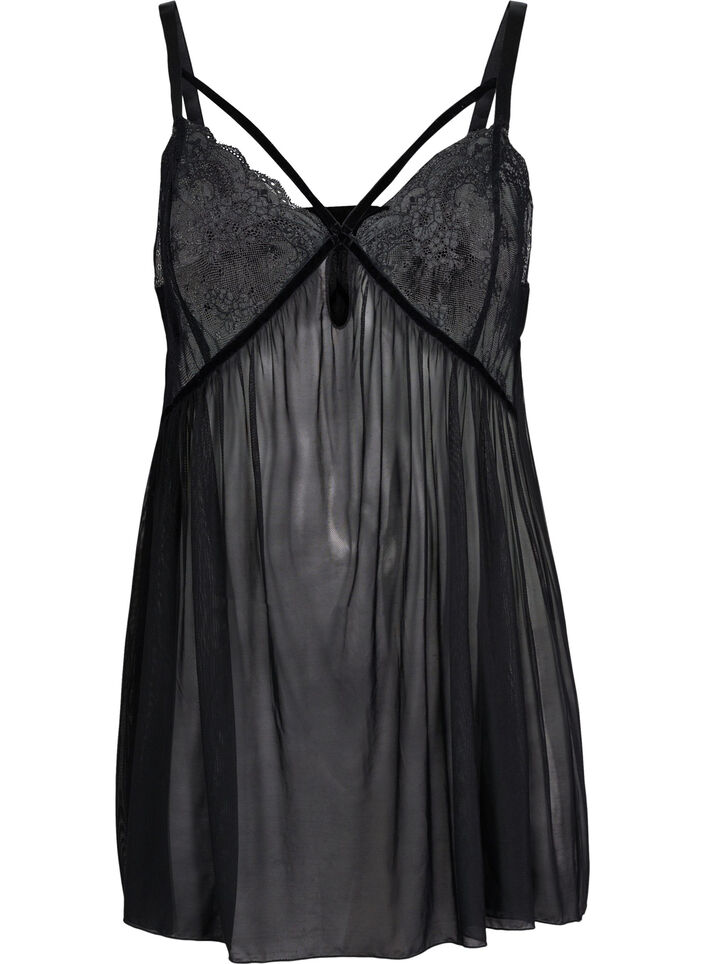 Transparent chemise med blonder, Black, Packshot image number 0