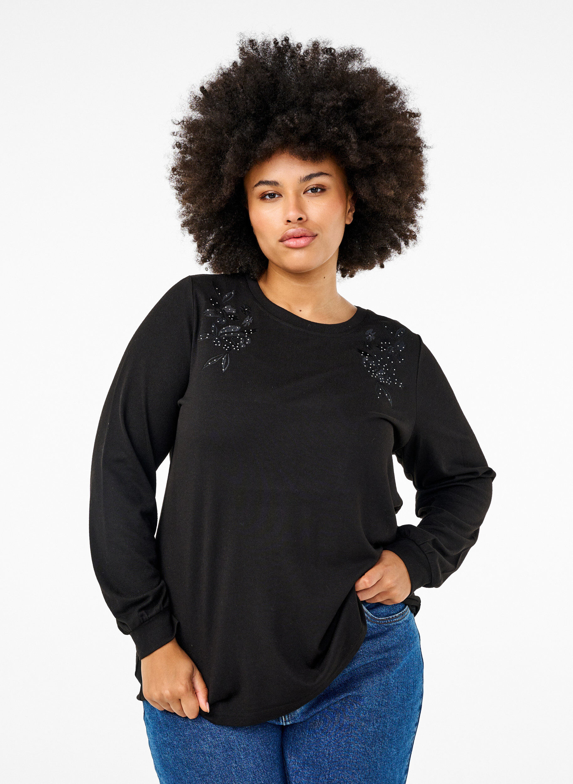 Zizzi Bluse med brodering og rhinesten, Black, Model image number 0