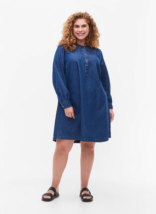 Langærmet denim kjole, Blue denim, Model image number 2