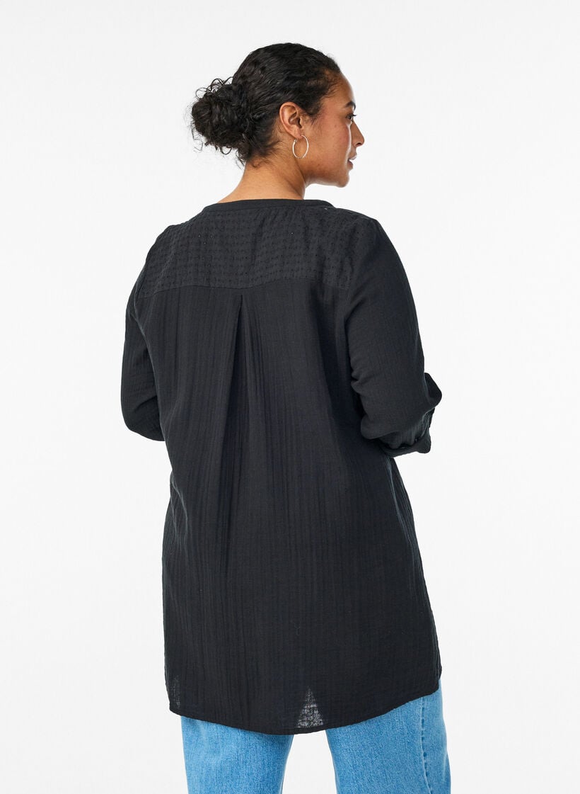 Tunika i bomuldsmusselin med broderi anglaise, Sort, Model image number 2