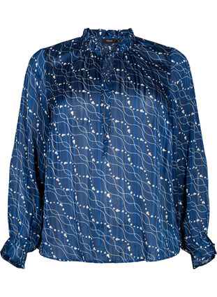 Langærmet bluse med flæser og print, Dress Bl. Swirl AOP, Packshot image number 0