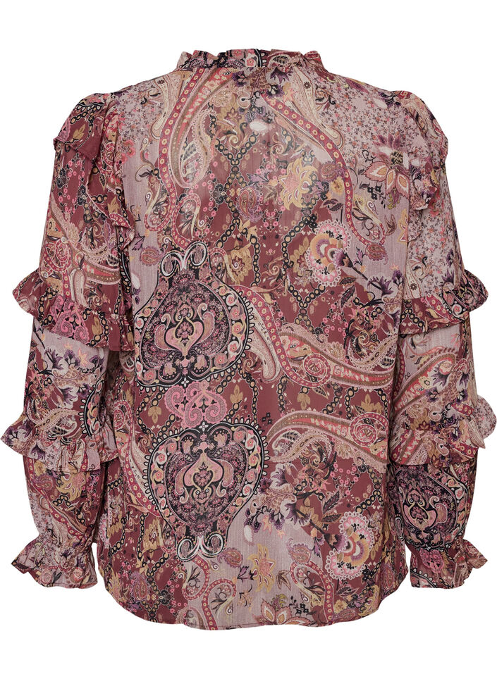 Bluse med paisleyprint og fl&aelig;sedetaljer, Lilla, Packshot image number 1