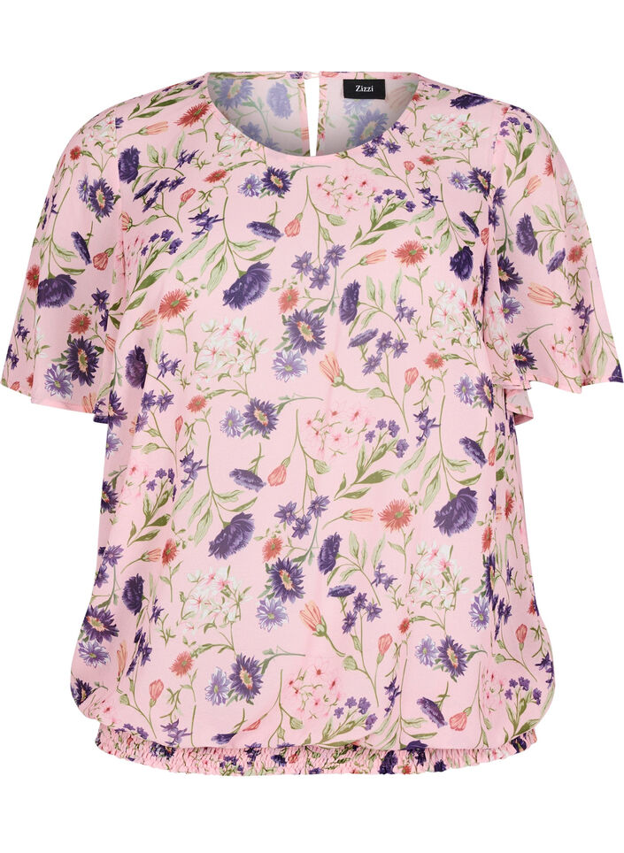 Blomstret bluse med korte &aelig;rmer og smock, Lyser&oslash;d, Packshot image number 0