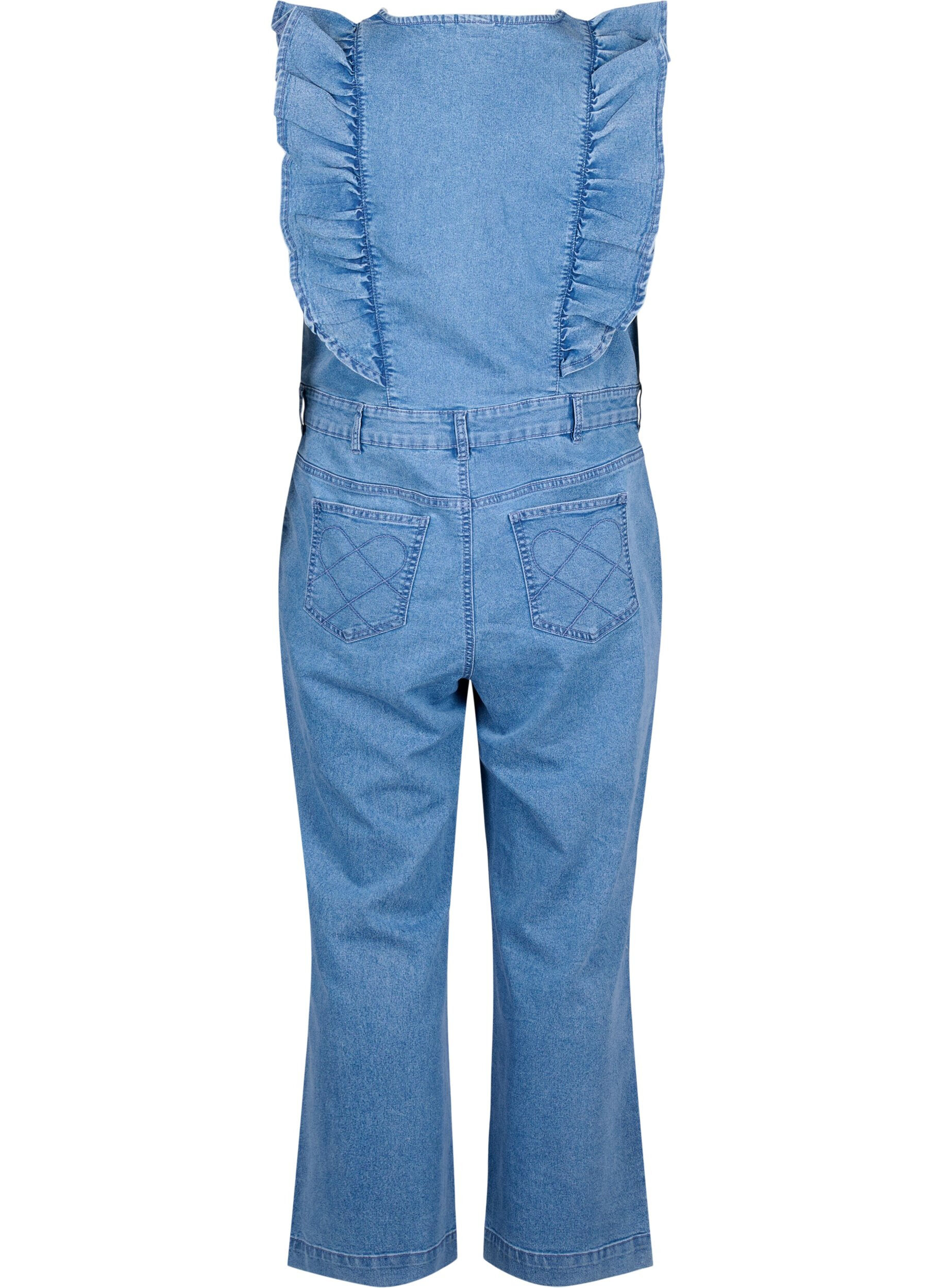 Zizzi Denim buksedragt med fl&aelig;ser, Light Blue Denim, Packshot image number 1