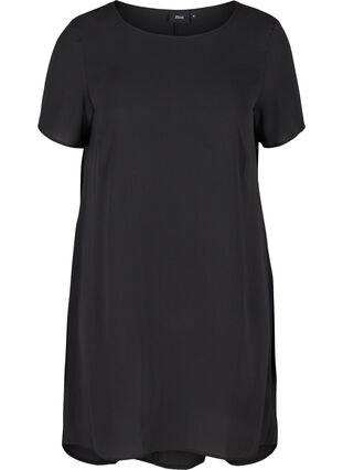 Ensfarvet kjole med korte ærmer, Black, Packshot image number 0