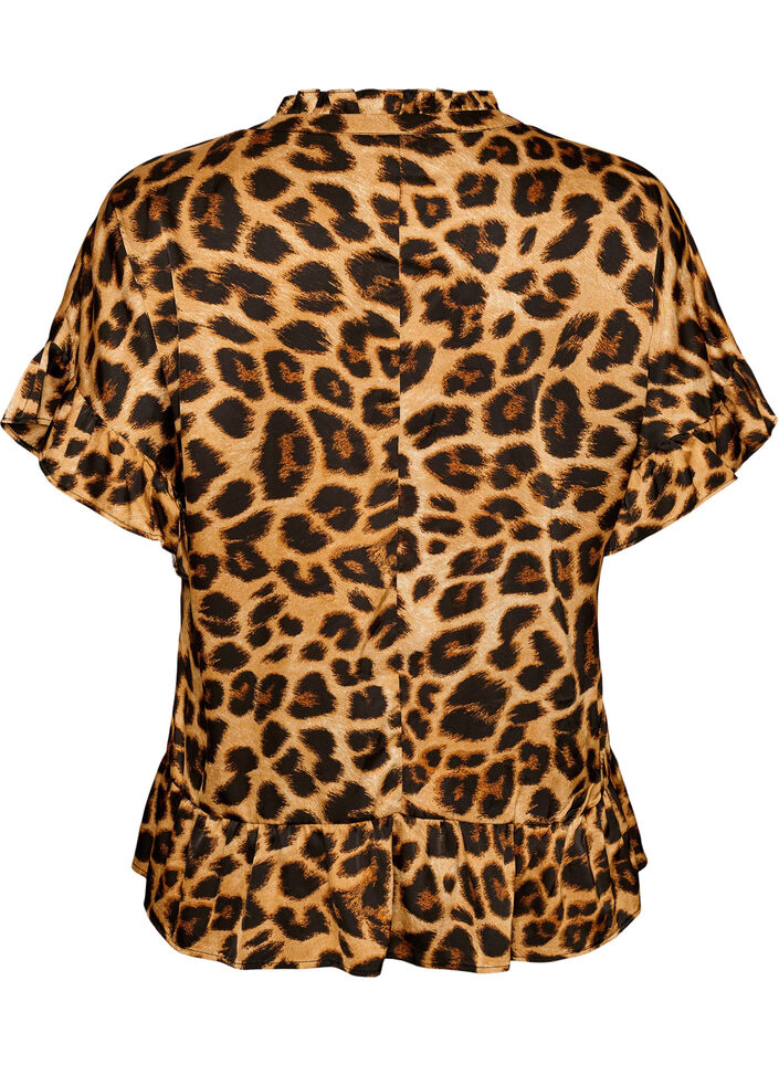 Bluse med leopardprint og fl&aelig;sedetaljer, Brun, Packshot image number 1