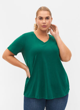 Ensfarvet basis t-shirt i bomuld, Evergreen, Model image number 0