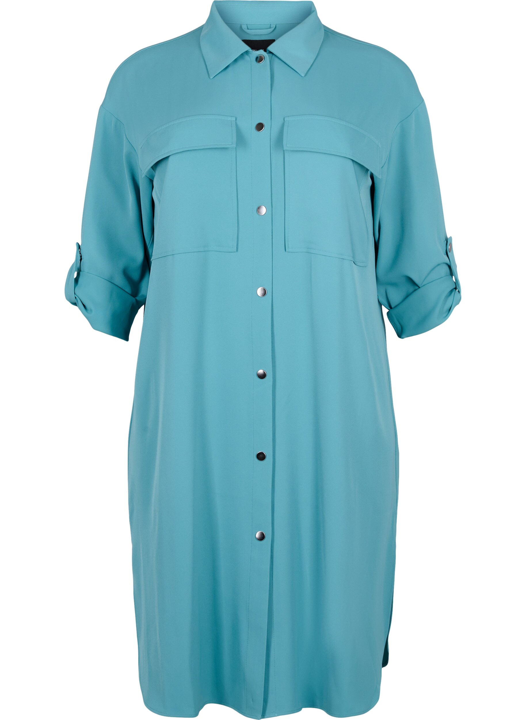 Zizzi Lang skjortejakke med knaplukning, Brittany Blue, Packshot image number 0