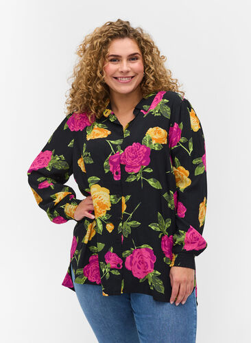 Blomstret viskose skjorte med smock, Black Flower AOP, Model image number 0