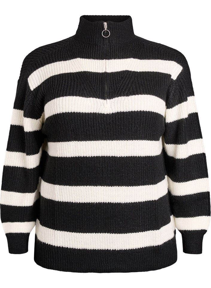 FLASH - Striktrøje med høj hals og lynlås, Sort, Packshot image number 0