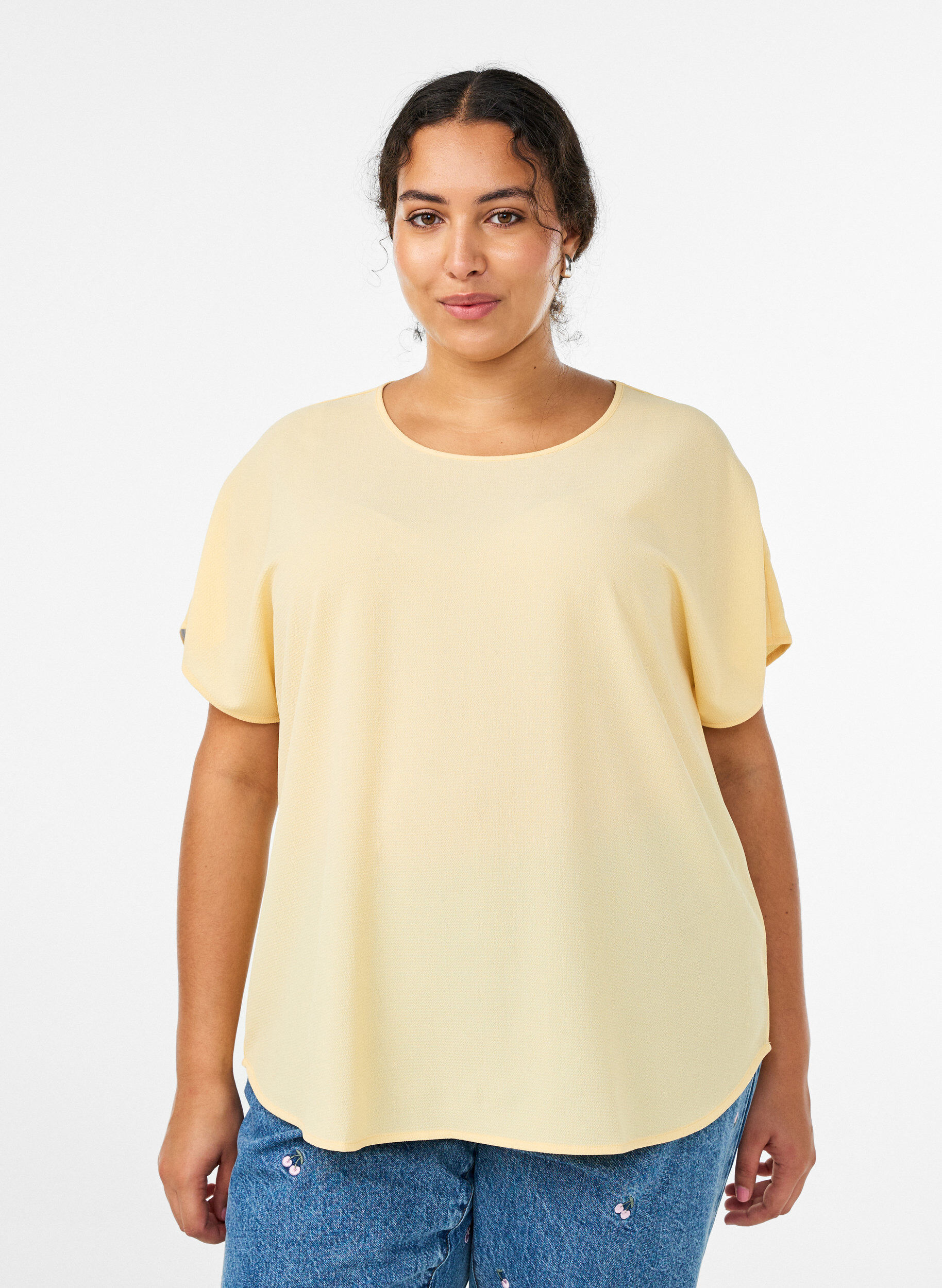 Bluse med korte &aelig;rmer og rund halsudsk&aelig;ring , Gul, Model