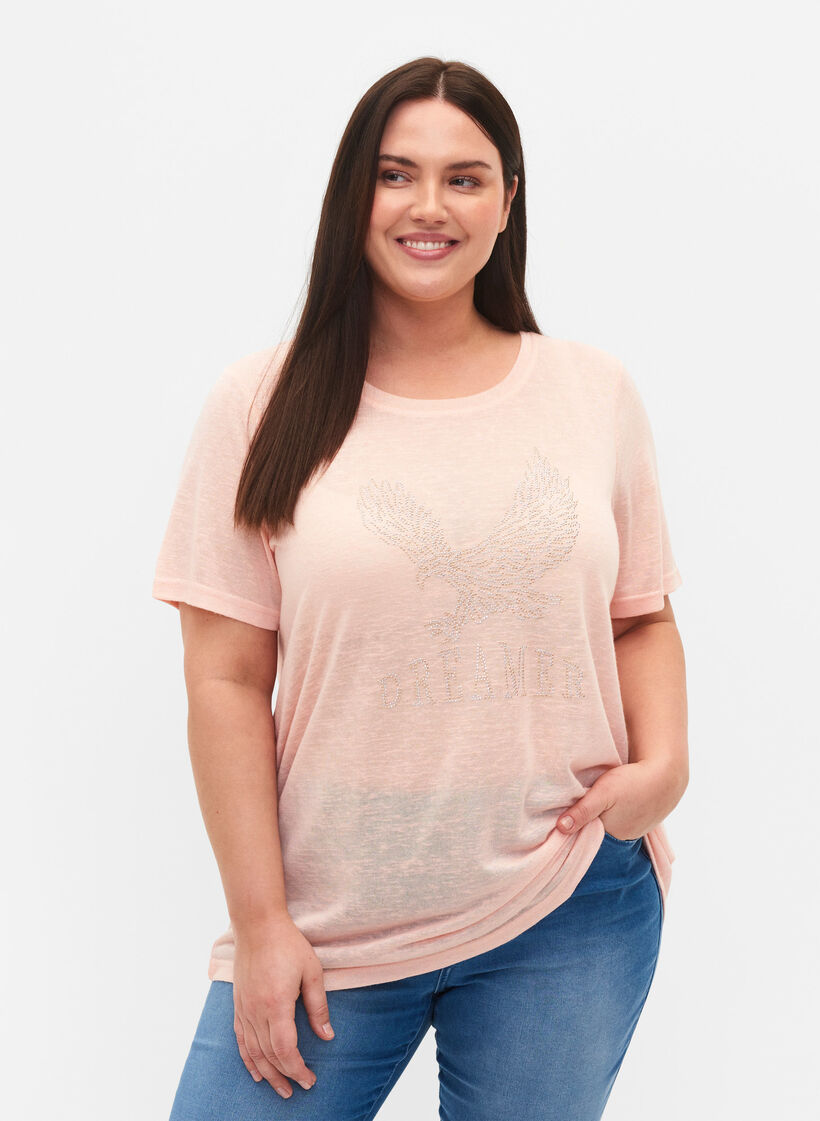 T-shirt med nitter og rund hals, Pale Blush, Model image number 0