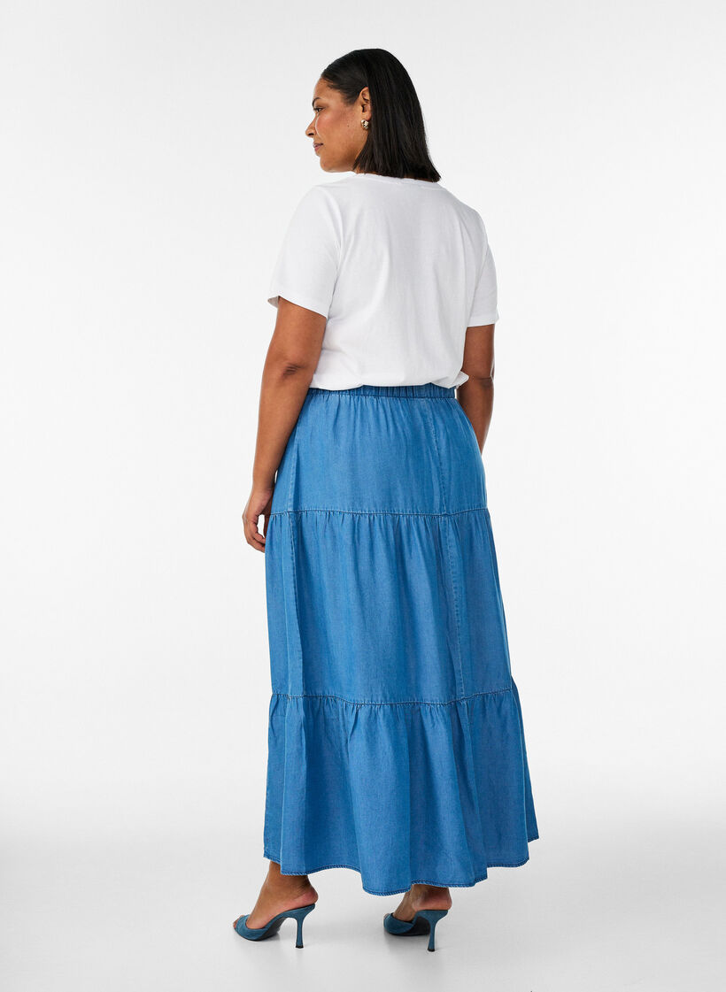 Denim maxinederdel med fl&aelig;ser, Bl&aring;, Model image number 1
