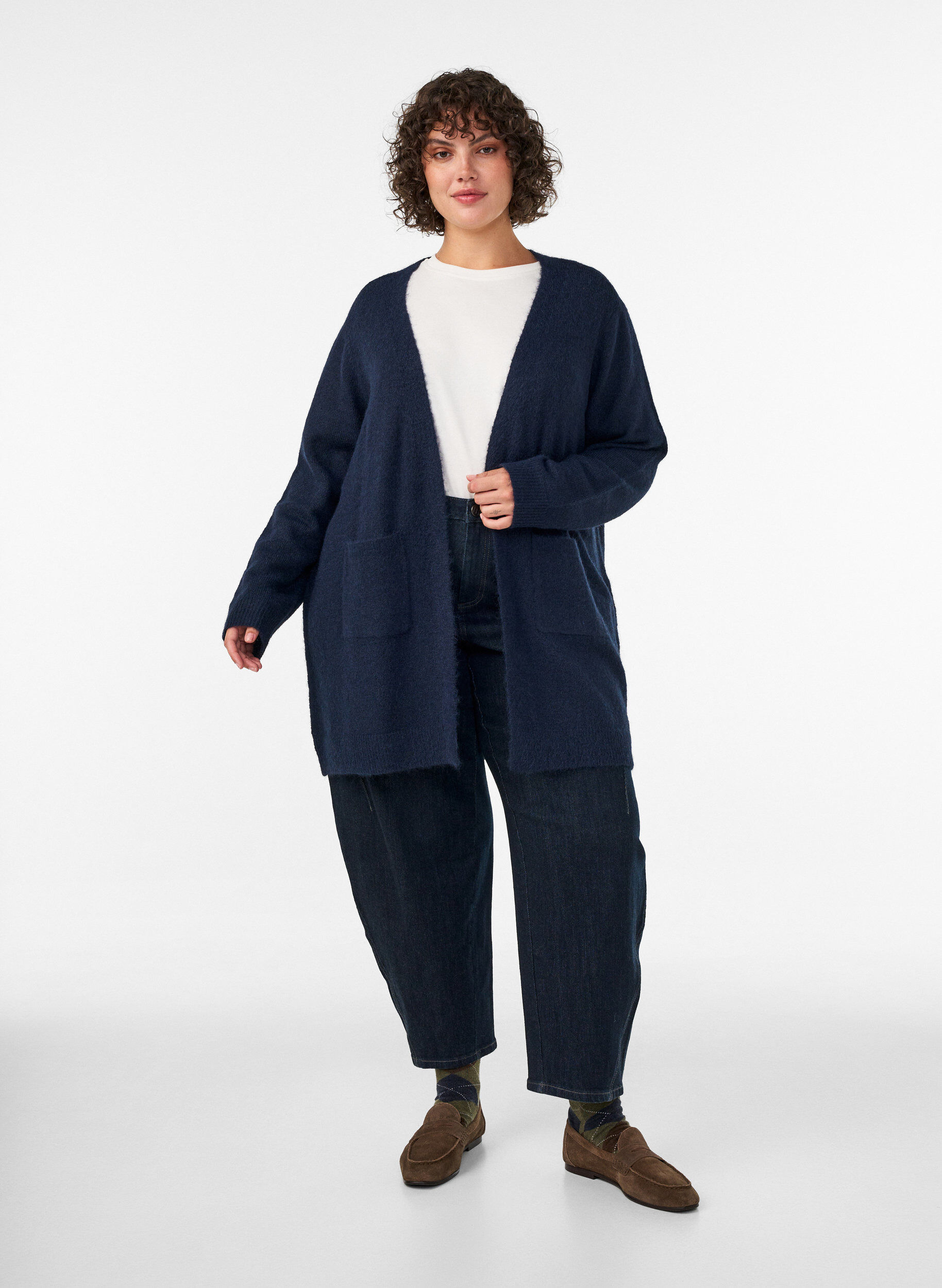 ZizziLang cardigan med lommer, Bl&aring;, Model image number 1