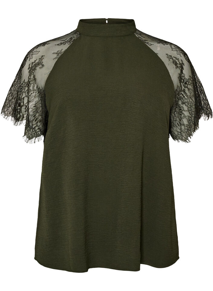 Bluse med korte blonde&aelig;rmer og h&oslash;j hals, Gr&oslash;n, Packshot image number 0